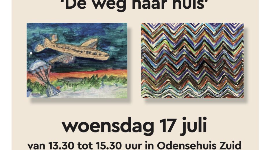 dit is een poster voor de expositie "de weg naar huis", opening woensdag 17 juli om half 2 in Odensehuis Zuid.
